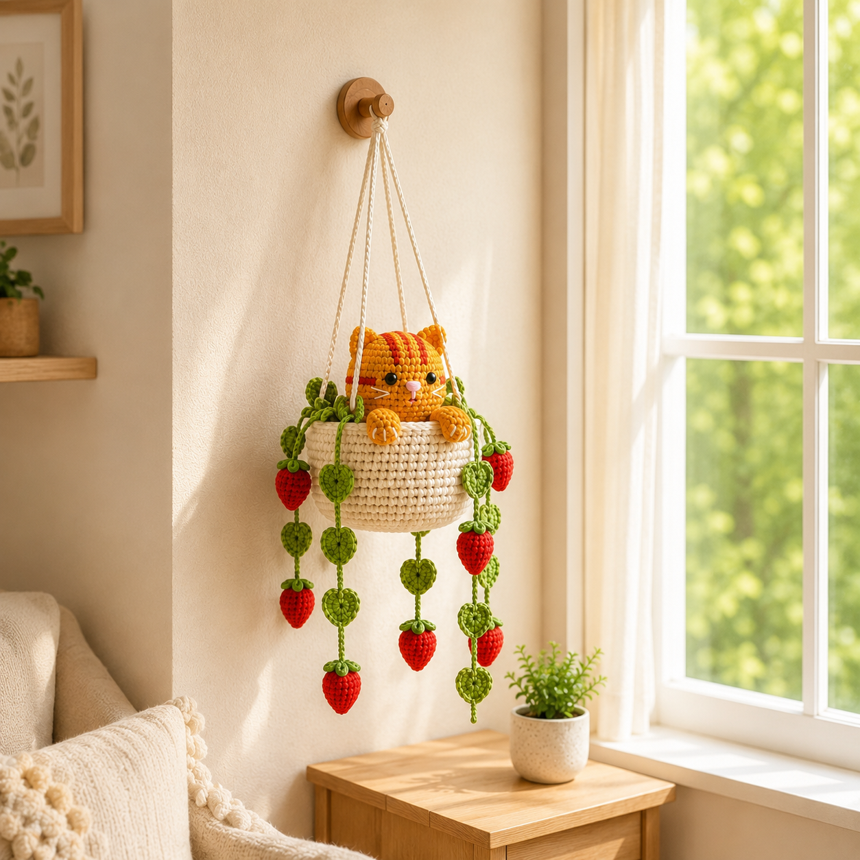 Sunny Strawberry Trouble - Orange Tabby Crochet Hanging Basket