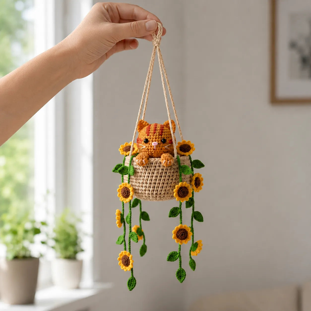 Little Sunflower Trouble - Handmade Crochet Cat Sunflower Hanging Basket Decor