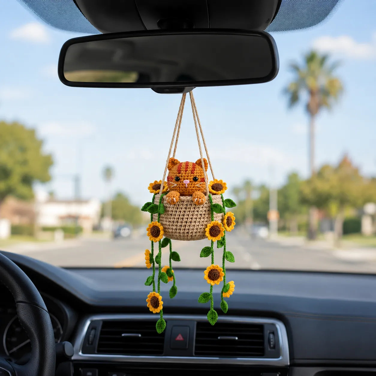 Little Sunflower Trouble - Handmade Crochet Cat Sunflower Hanging Basket Decor
