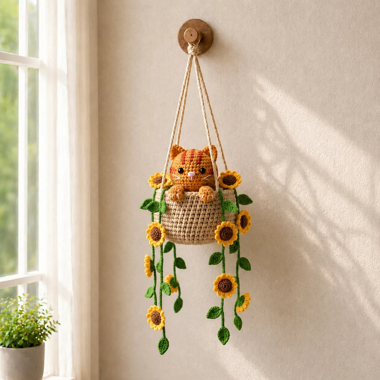 Little Sunflower Trouble - Handmade Crochet Cat Sunflower Hanging Basket Decor