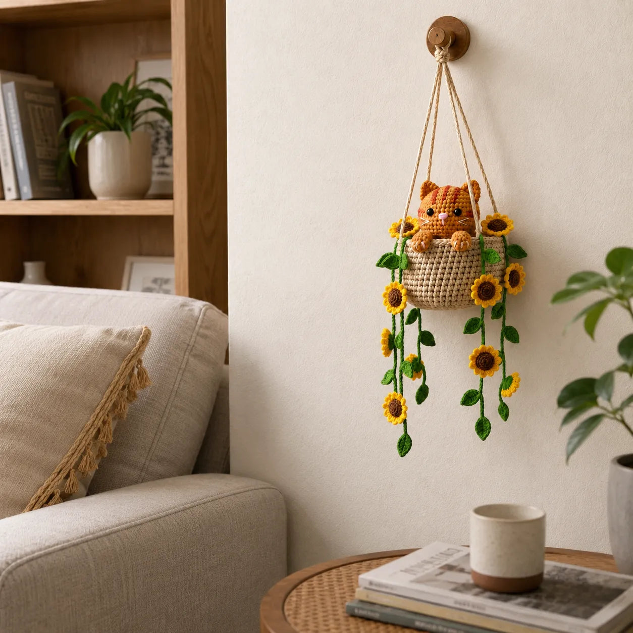 Little Sunflower Trouble - Handmade Crochet Cat Sunflower Hanging Basket Decor