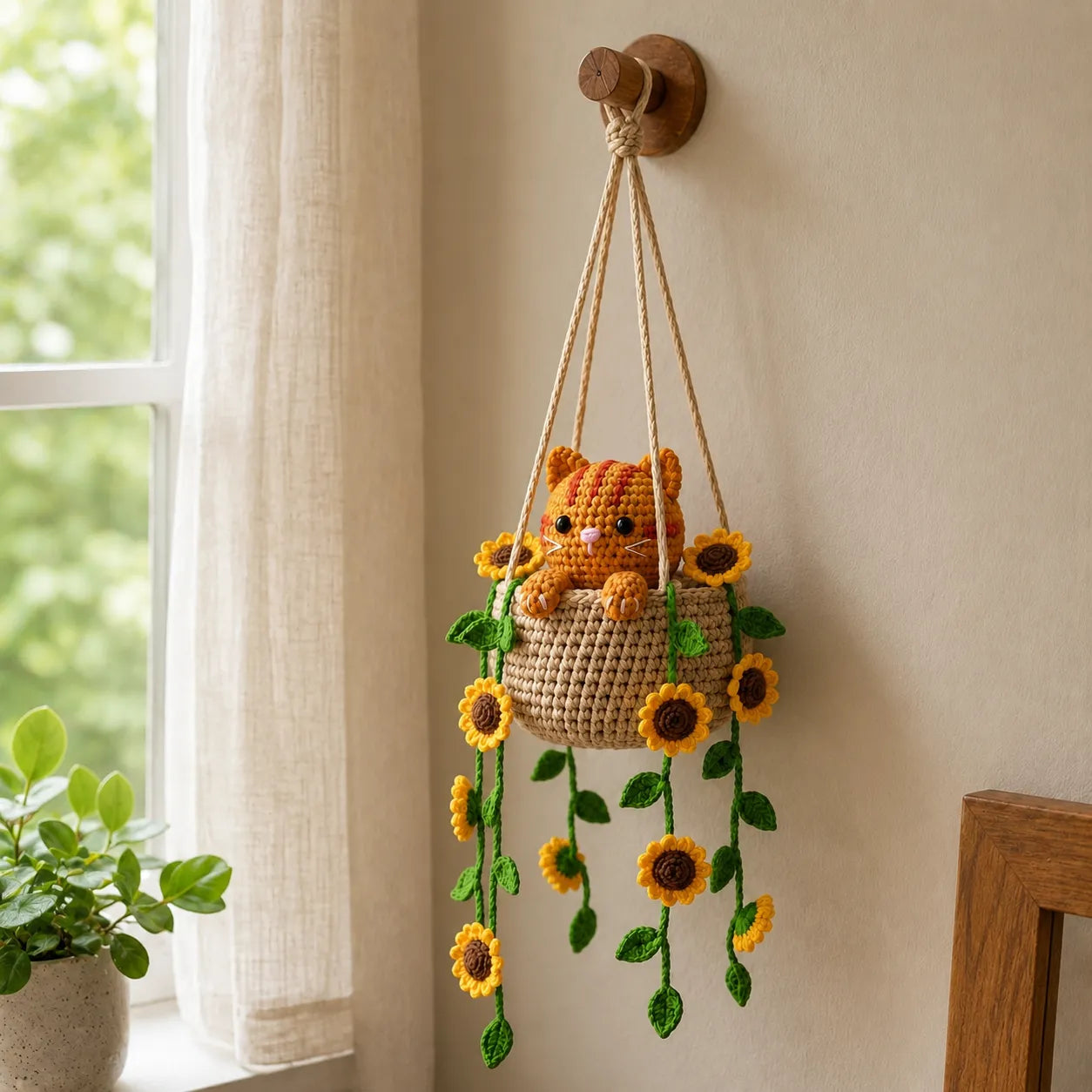 Little Sunflower Trouble - Handmade Crochet Cat Sunflower Hanging Basket Decor