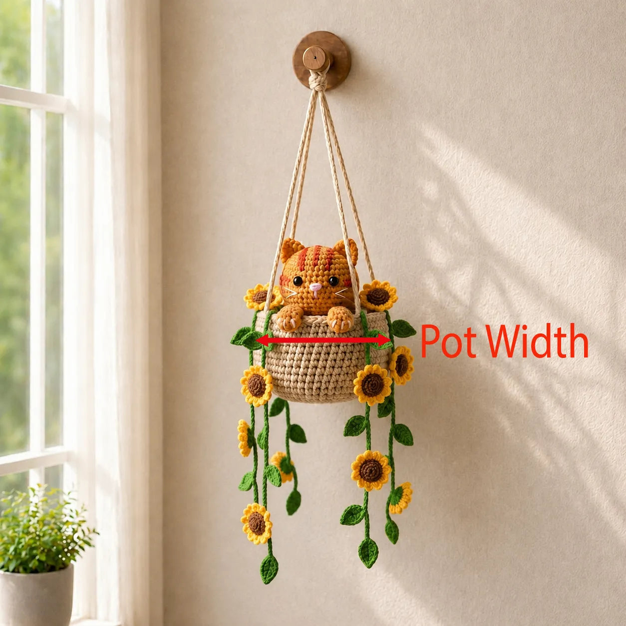 Little Sunflower Trouble - Handmade Crochet Cat Sunflower Hanging Basket Decor