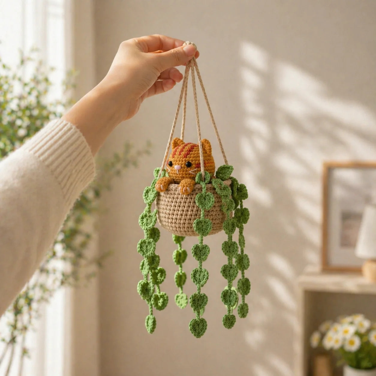 Sunny Little Trouble - Handmade Crochet Orange Tabby Cat Basket