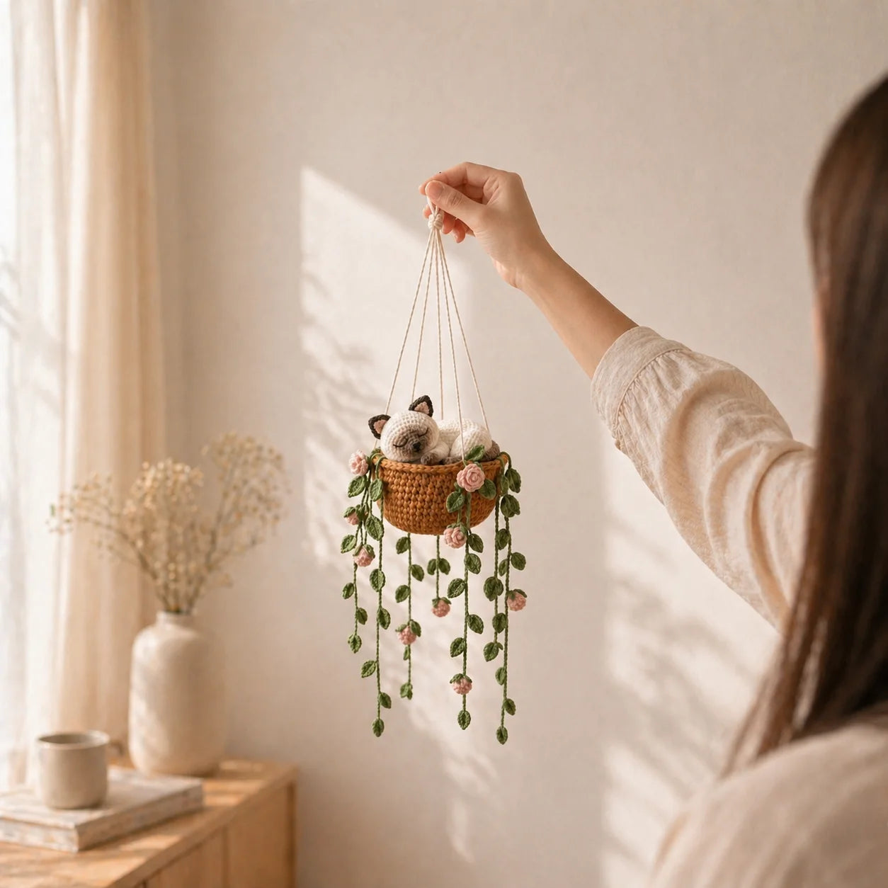 Cocoa Cream Lullaby – Handmade Crochet Cat Hanging Gift