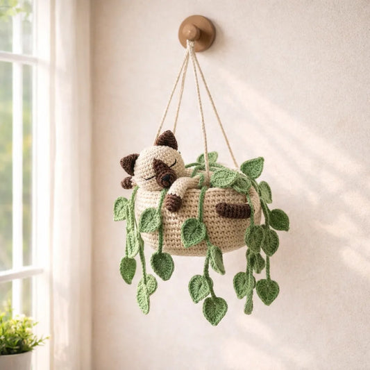 Cocoa Cream Nap - Handmade Crochet Siamese Cat Hanging Basket