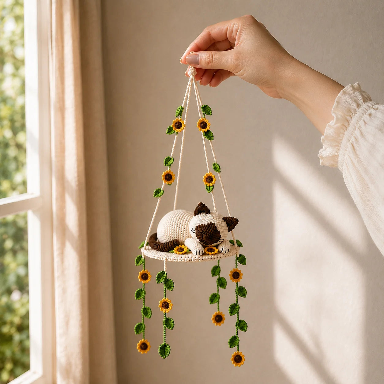 Sunflower Dreamer - Crochet Siamese Cat Swing Decor