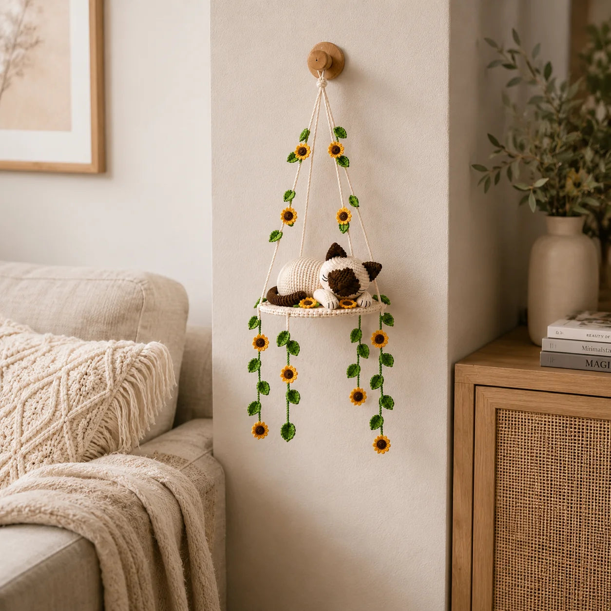 Sunflower Dreamer - Crochet Siamese Cat Swing Decor