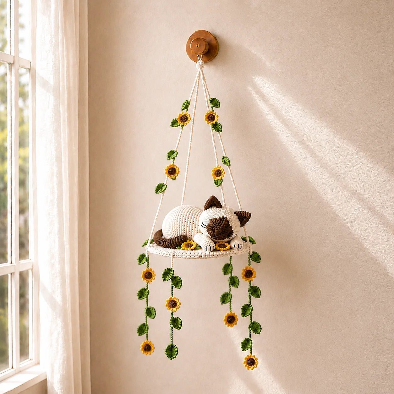 Sunflower Dreamer - Crochet Siamese Cat Swing Decor