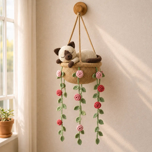 Velvet Rose Daydream - Handmade Crochet Siamese Cat Basket