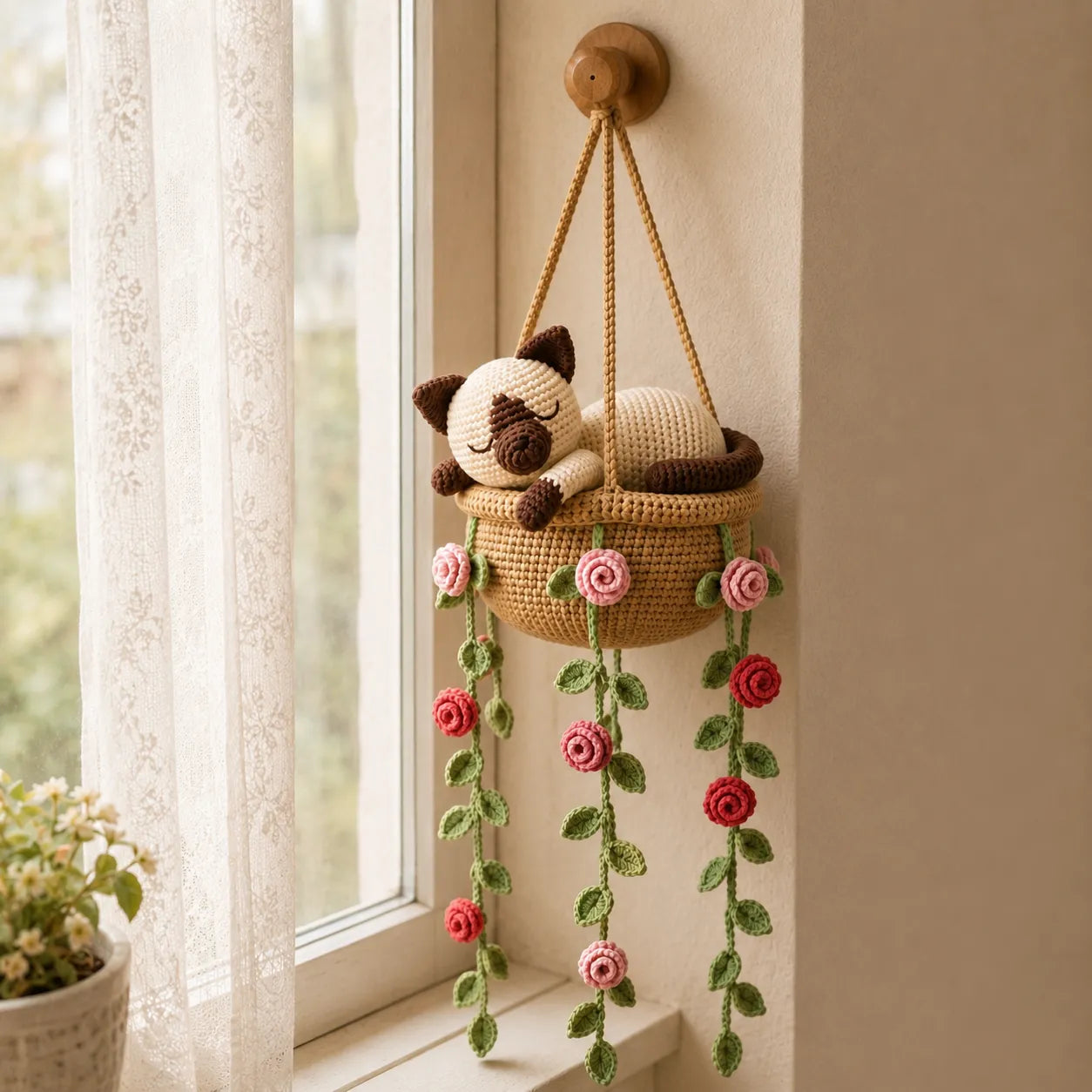 Velvet Rose Daydream - Handmade Crochet Siamese Cat Basket