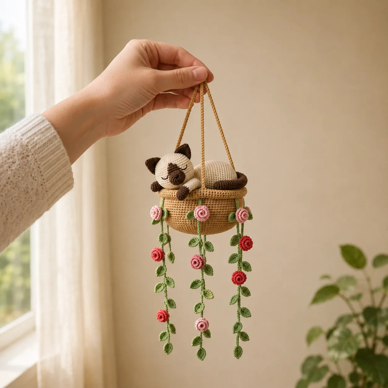 Velvet Rose Daydream - Handmade Crochet Siamese Cat Basket