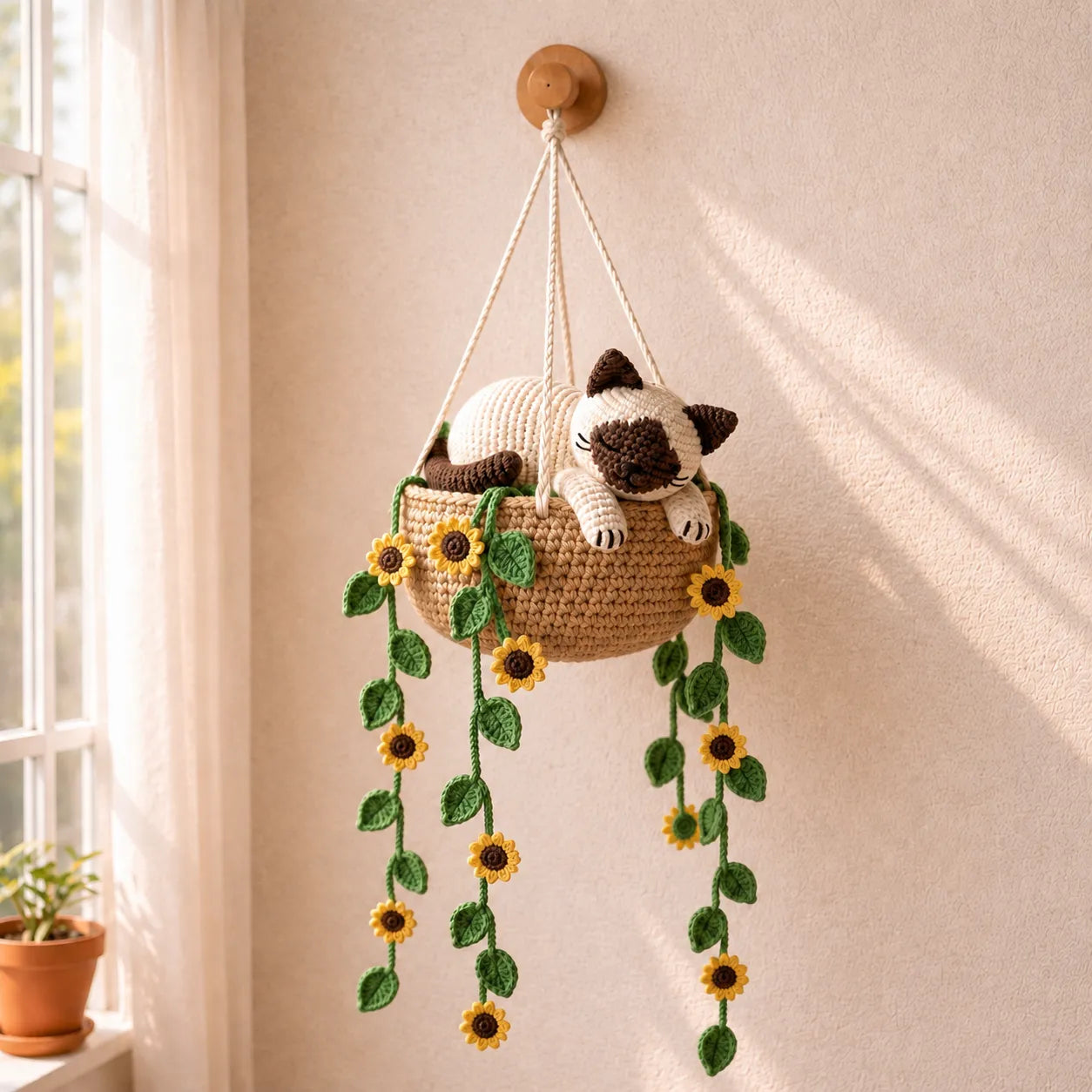 Buttermilk Sunflower Snooze - Handmade Crochet Siamese Cat Basket