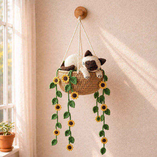 Buttermilk Sunflower Snooze - Handmade Crochet Siamese Cat Basket