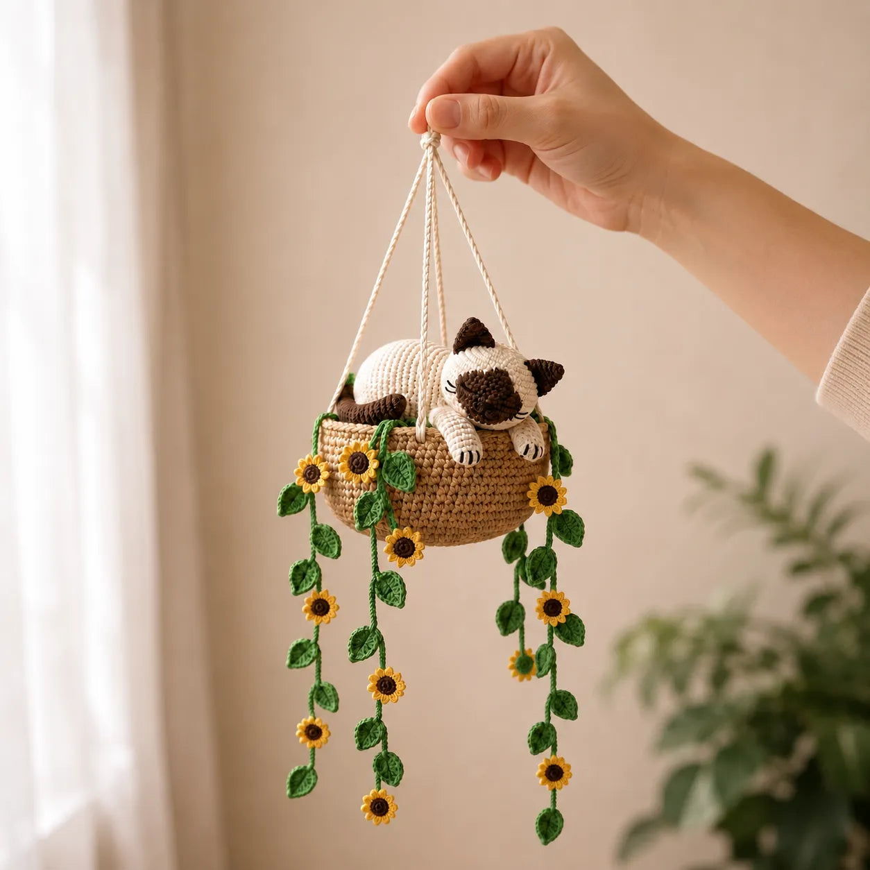 Buttermilk Sunflower Snooze - Handmade Crochet Siamese Cat Basket