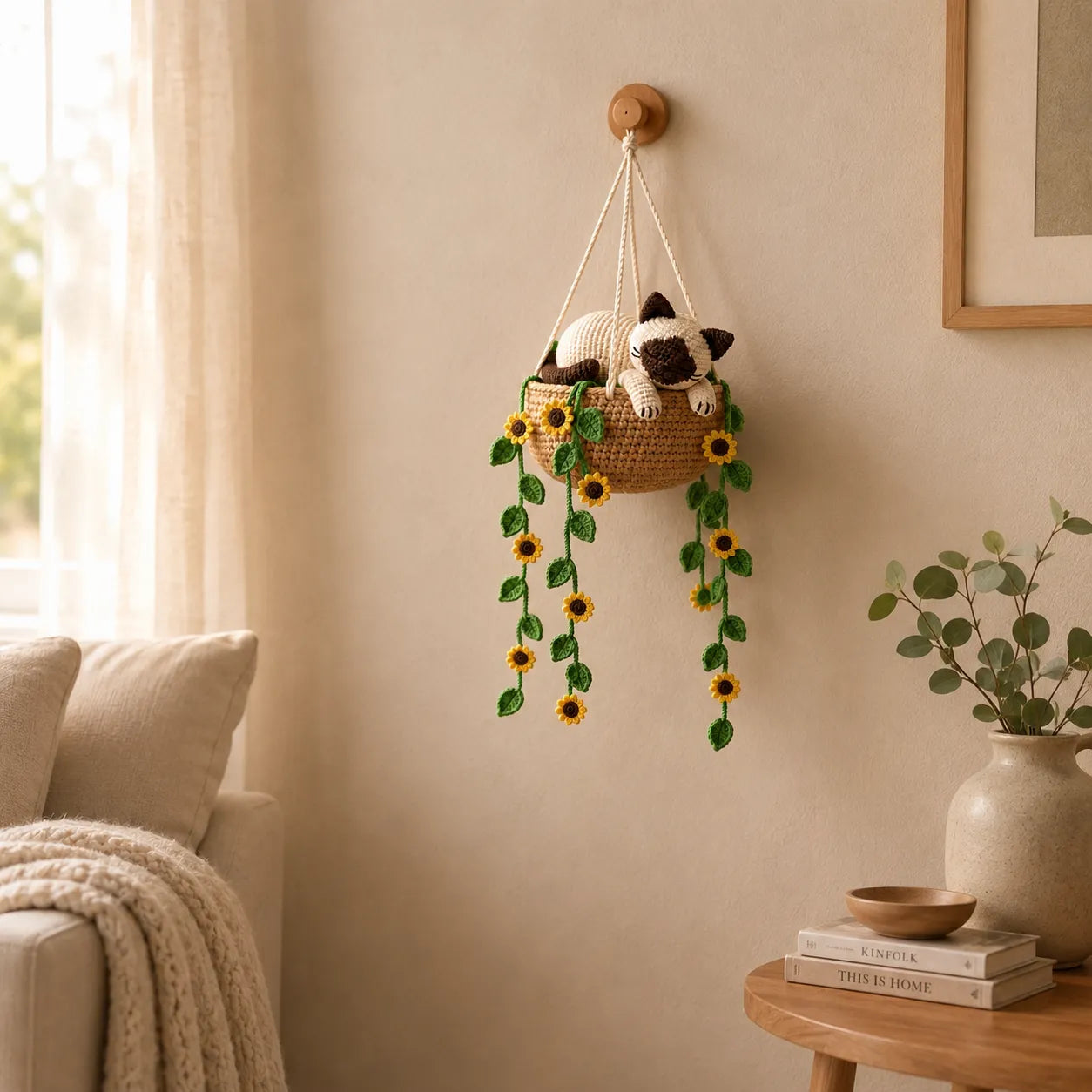 Buttermilk Sunflower Snooze - Handmade Crochet Siamese Cat Basket