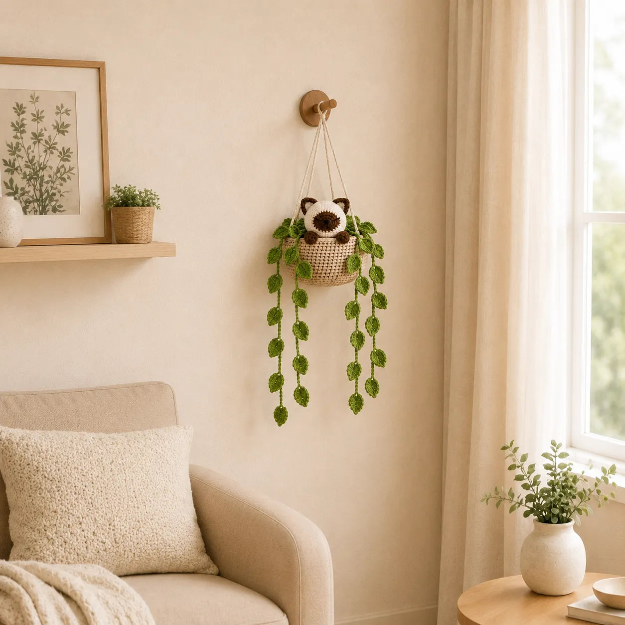Creamy Garden Blink - Handmade Siamese Cat Hanging Basket