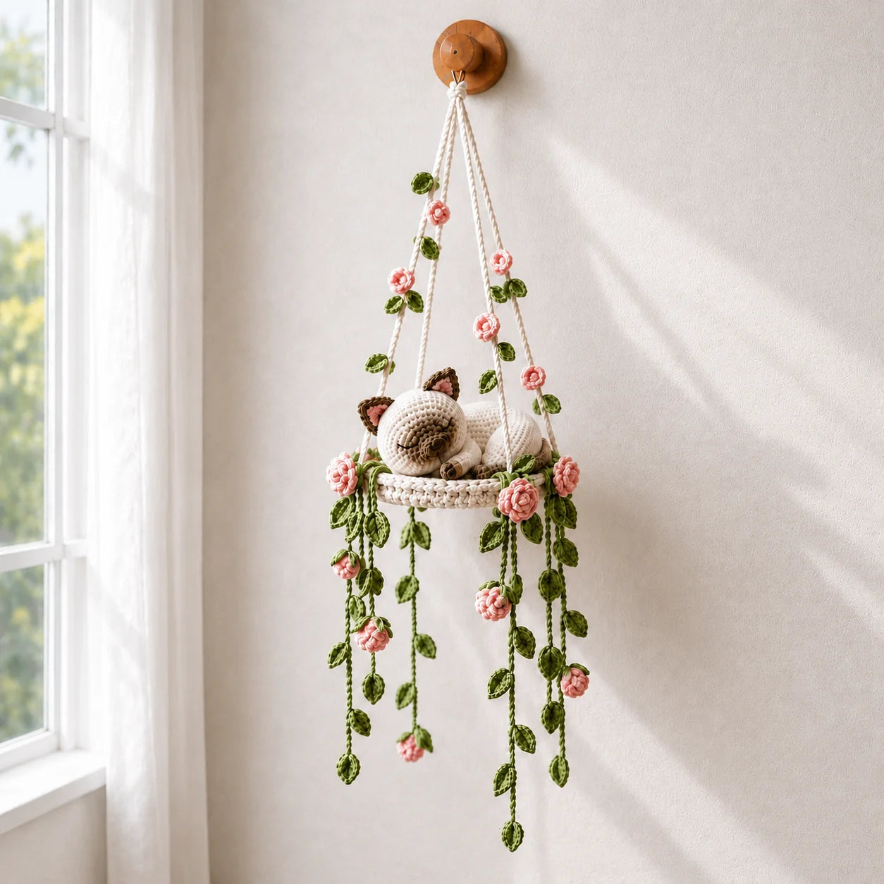 Rose Garden Lullaby - Handmade Crochet Siamese Cat Hanging Decor
