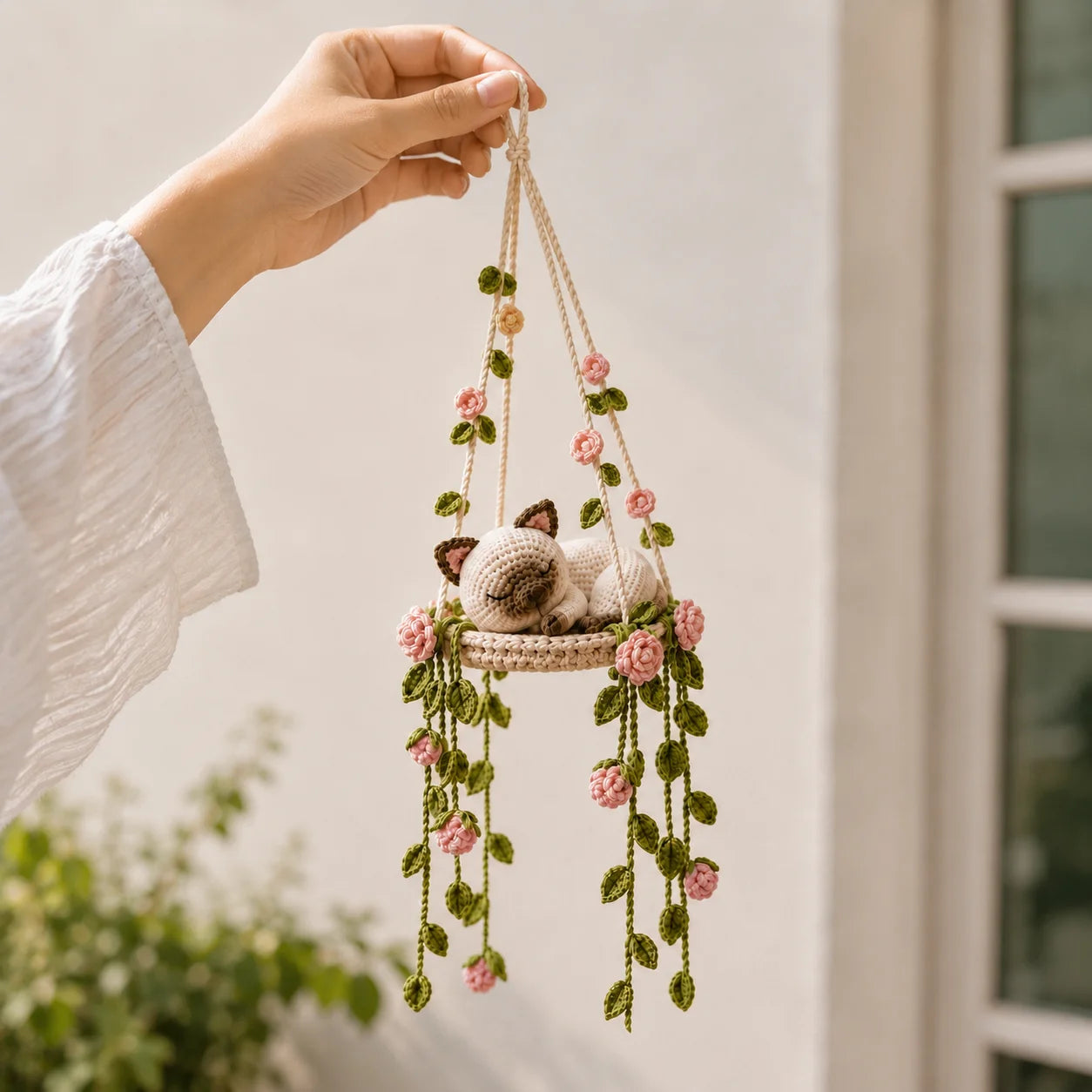 Rose Garden Lullaby - Handmade Crochet Siamese Cat Hanging Decor