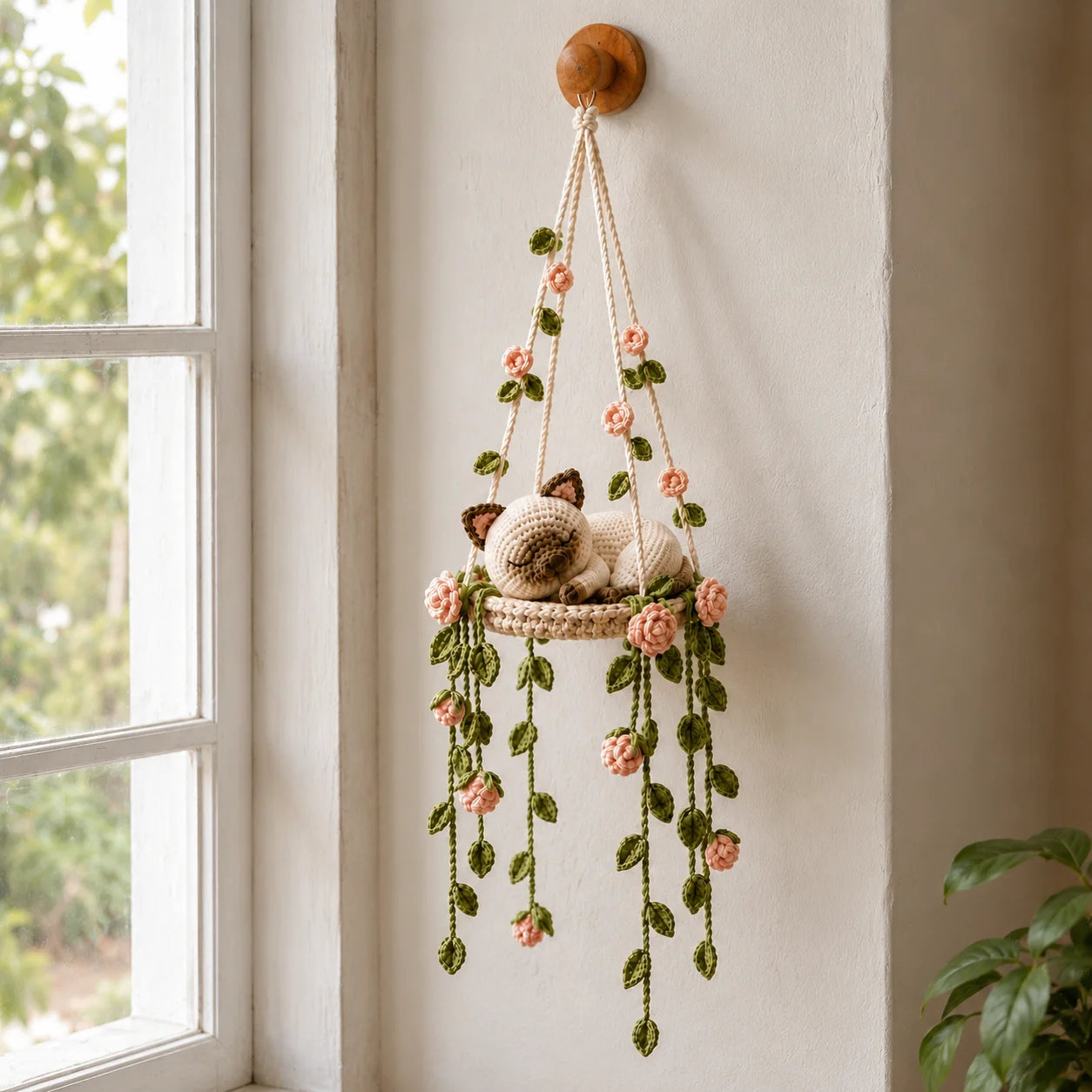 Rose Garden Lullaby - Handmade Crochet Siamese Cat Hanging Decor