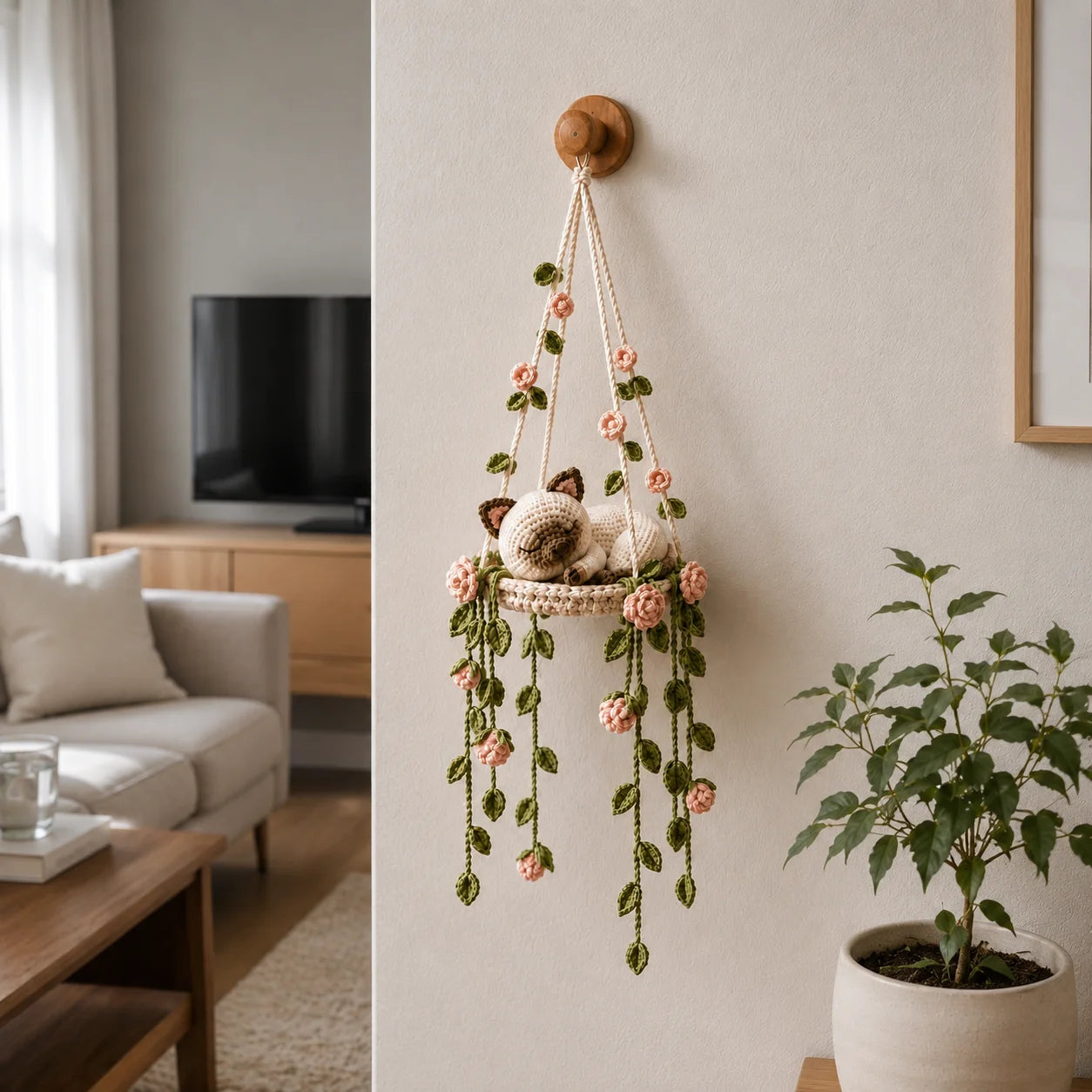 Rose Garden Lullaby - Handmade Crochet Siamese Cat Hanging Decor