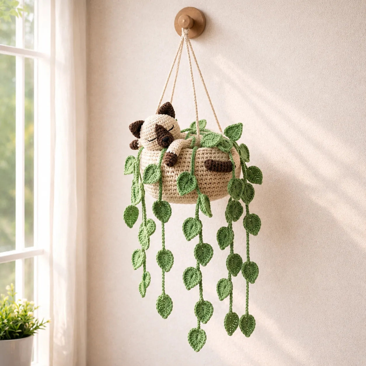 Cocoa Cream Nap - Handmade Crochet Siamese Cat Hanging Basket