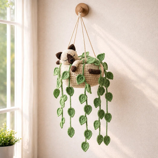 Cocoa Cream Nap - Handmade Crochet Siamese Cat Hanging Basket