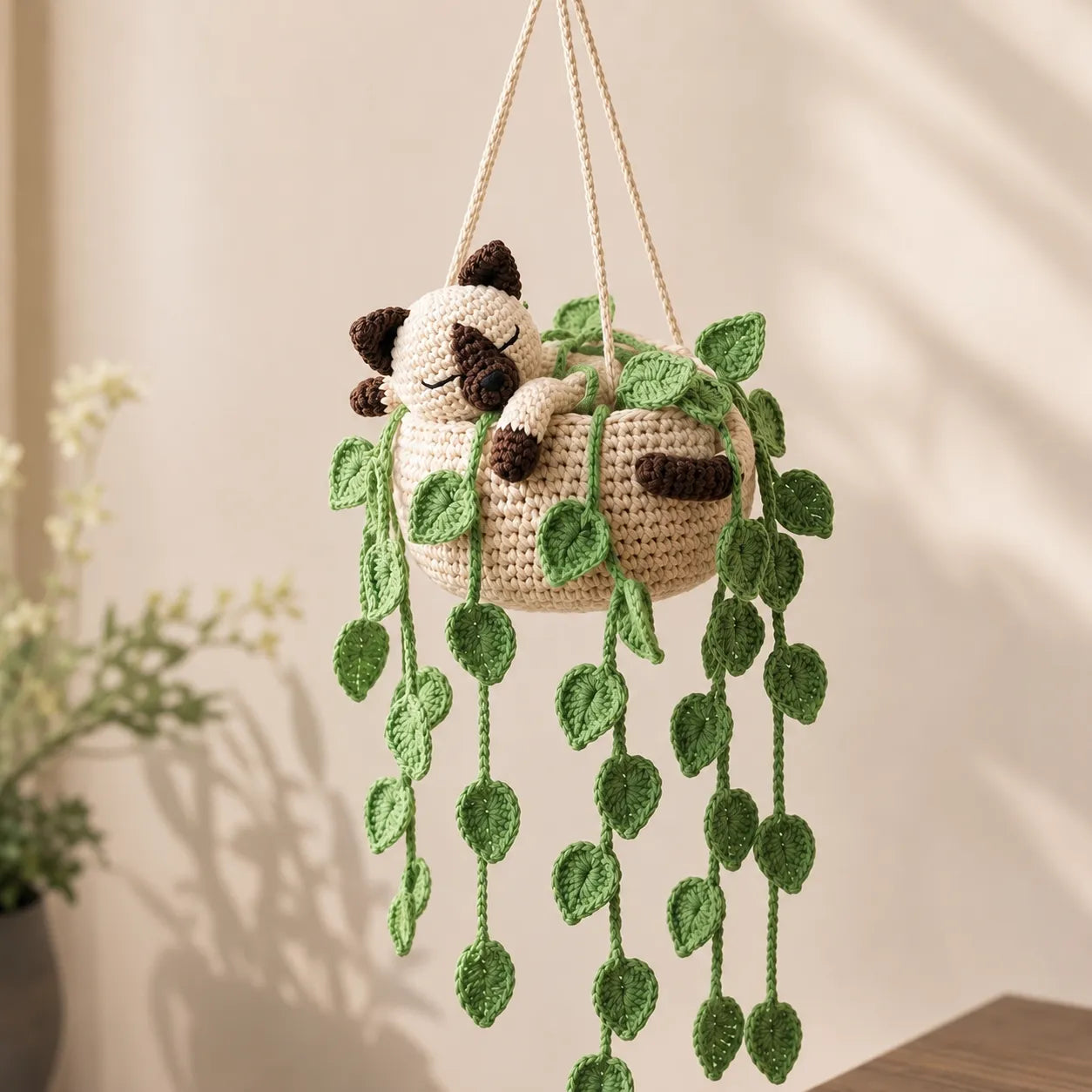 Cocoa Cream Nap - Handmade Crochet Siamese Cat Hanging Basket