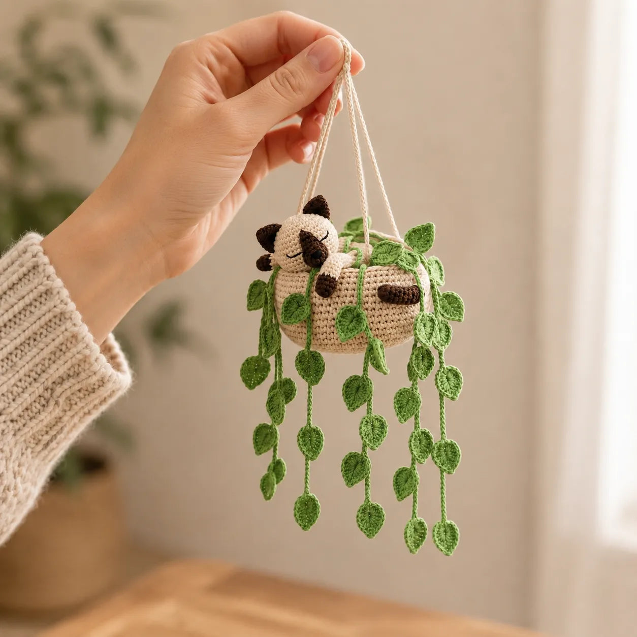 Cocoa Cream Nap - Handmade Crochet Siamese Cat Hanging Basket
