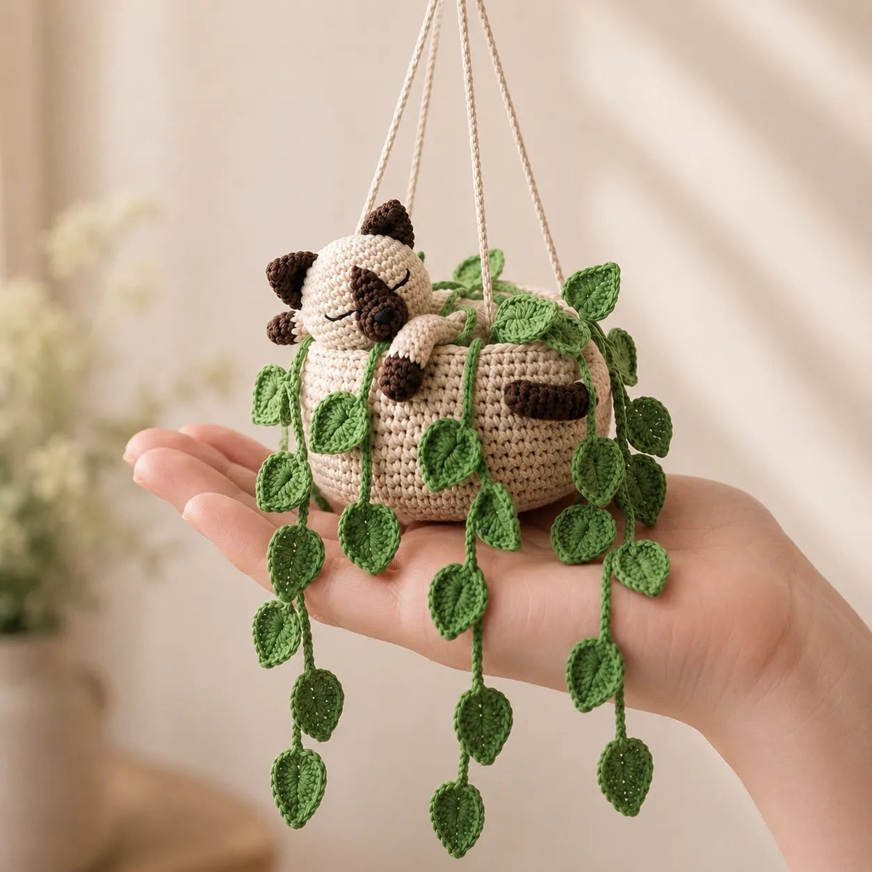 Cocoa Cream Nap - Handmade Crochet Siamese Cat Hanging Basket