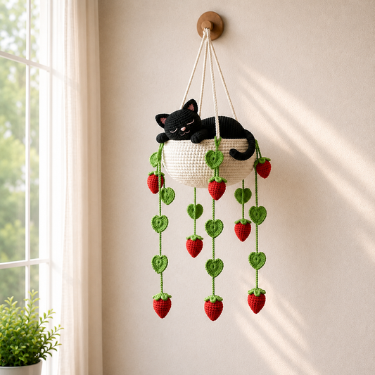 Sleeping Black Cat in Strawberry Hanging Basket