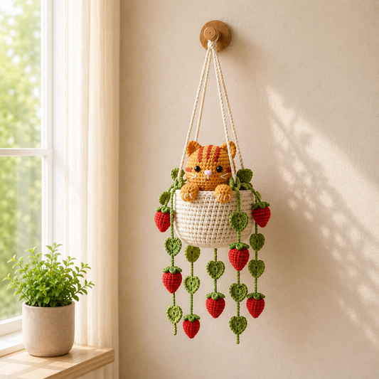 Sunny Strawberry Trouble - Orange Tabby Crochet Hanging Basket