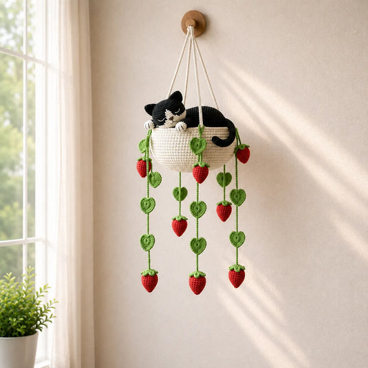 Strawberry Daydream - Handmade Tuxedo Cat Basket