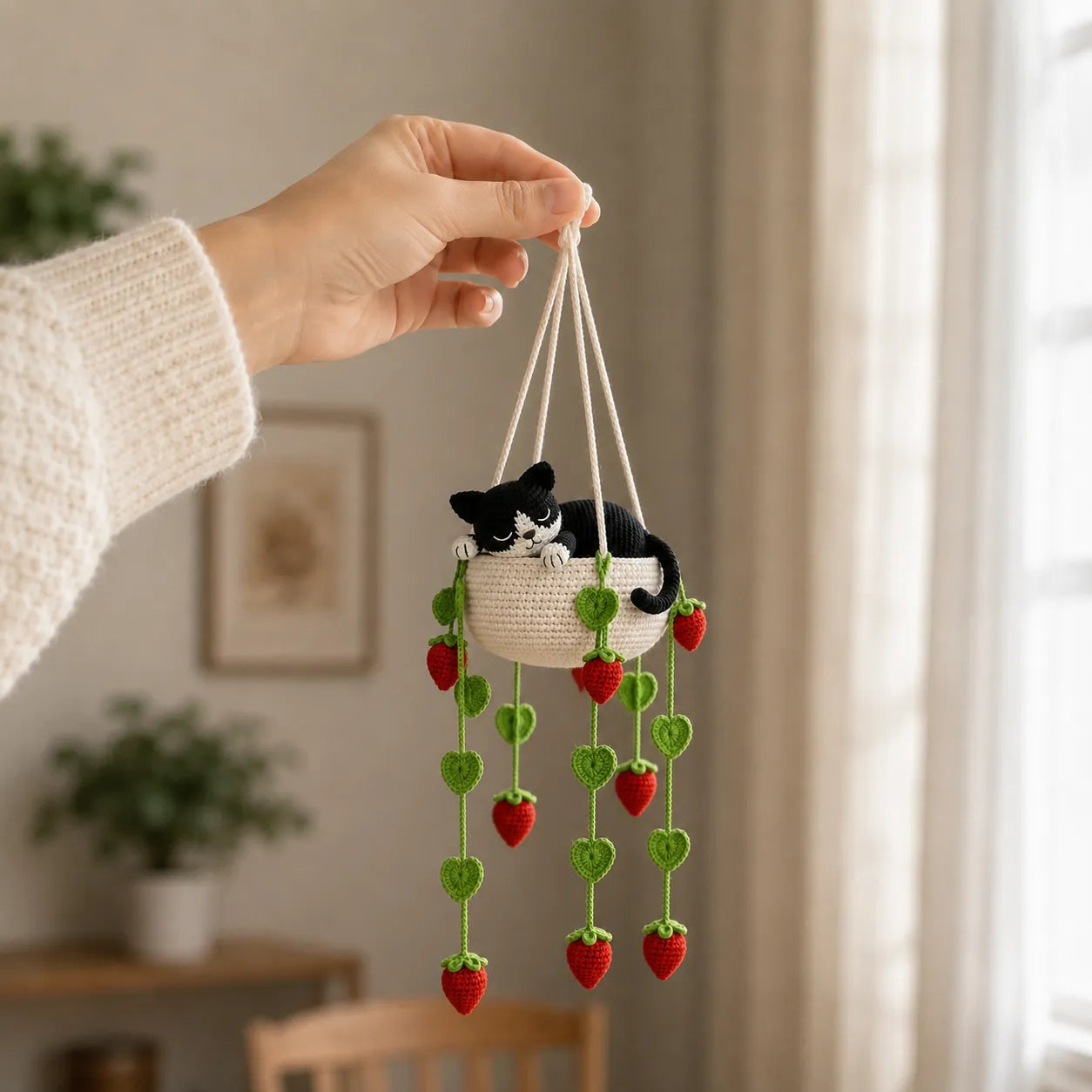 Ivory Strawberry Daydream - Tuxedo Cat Hanging Basket