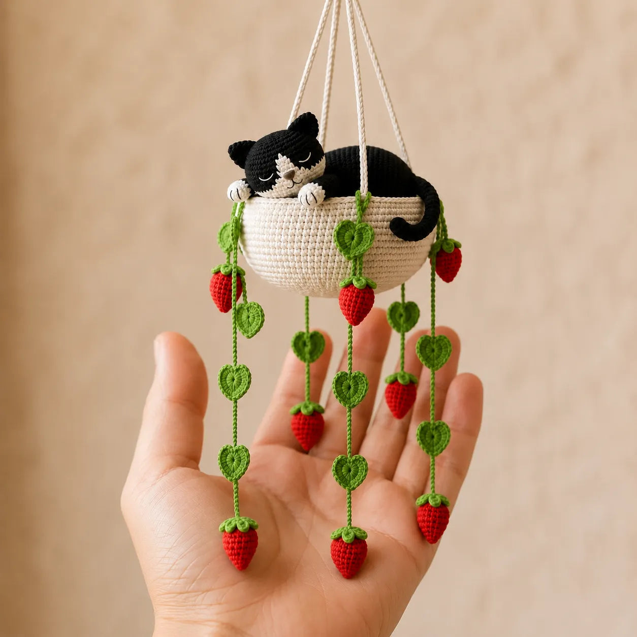 Ivory Strawberry Daydream - Tuxedo Cat Hanging Basket