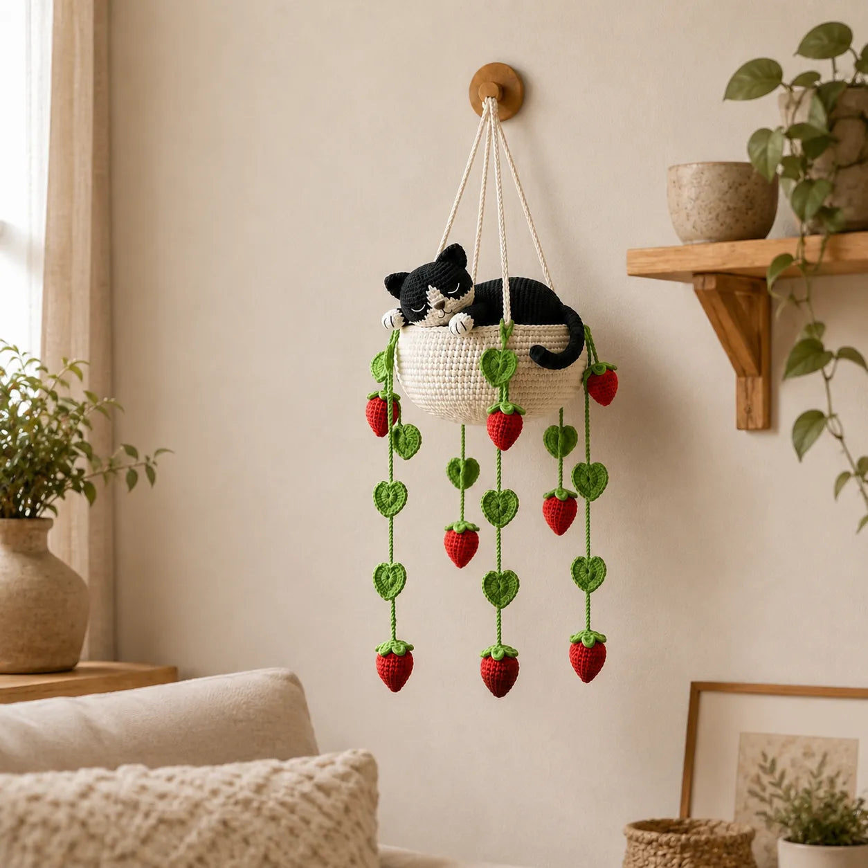 Ivory Strawberry Daydream - Tuxedo Cat Hanging Basket