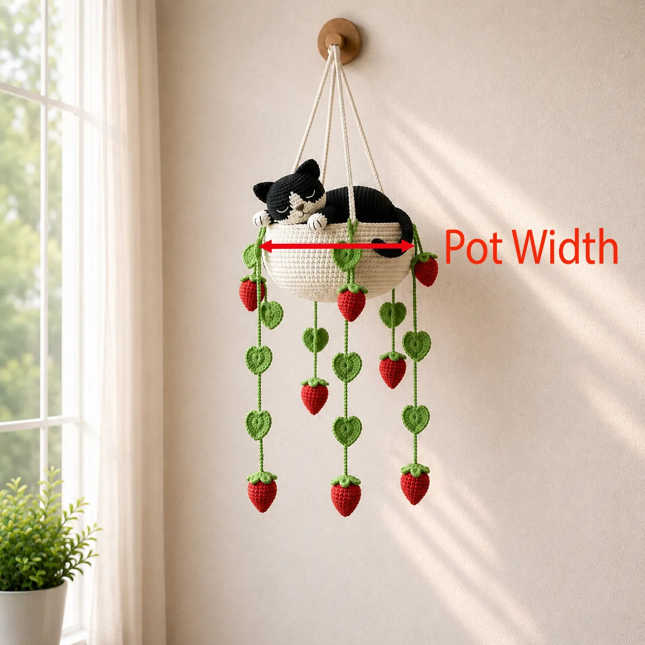 Ivory Strawberry Daydream - Tuxedo Cat Hanging Basket