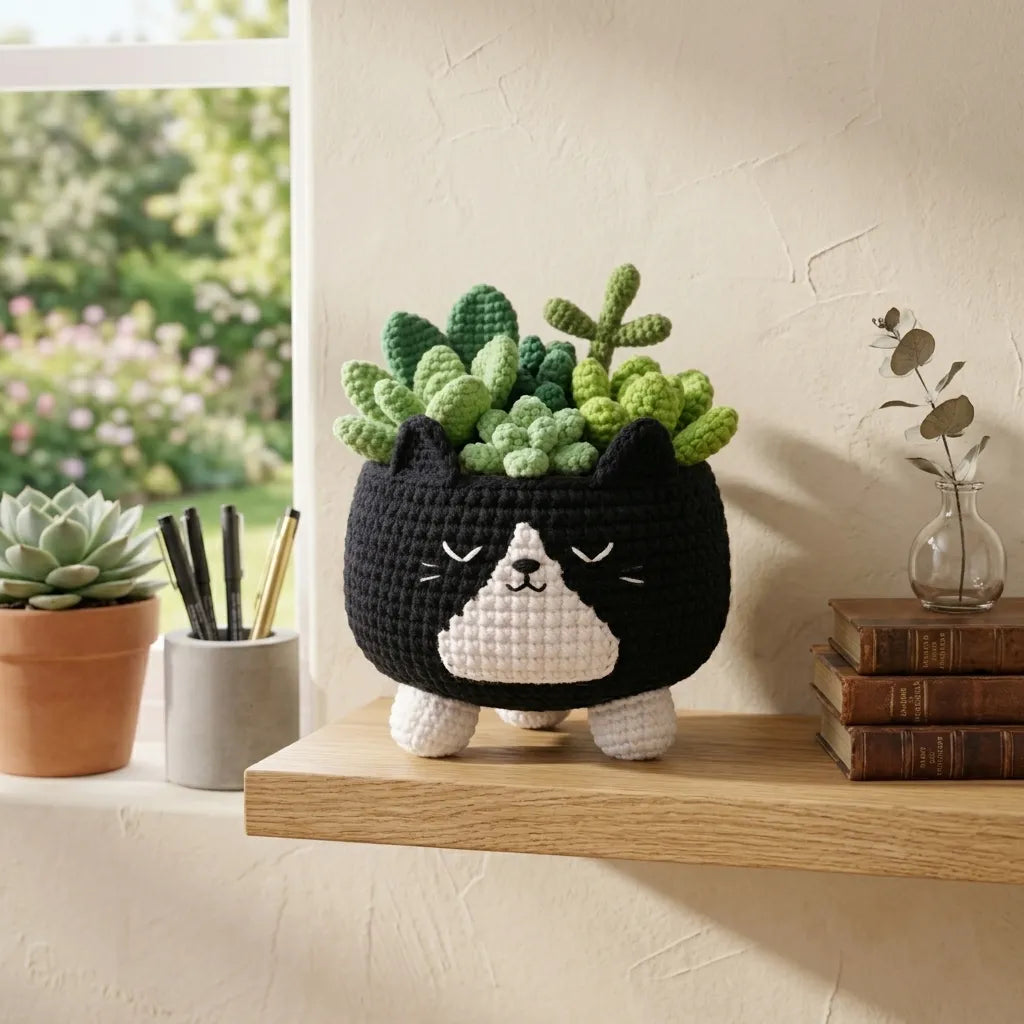 Midnight Sprout Keeper - Crochet Tuxedo Cat Planter