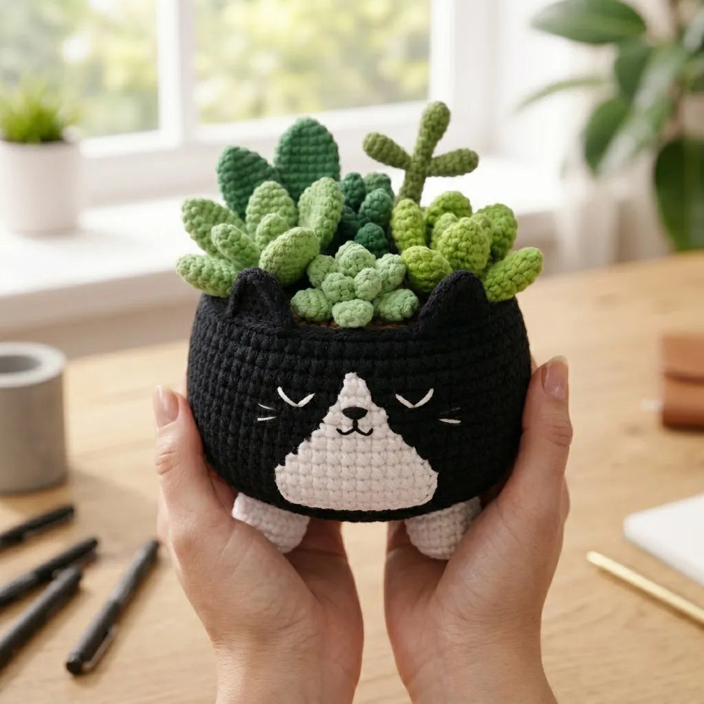 Midnight Sprout Keeper - Crochet Tuxedo Cat Planter