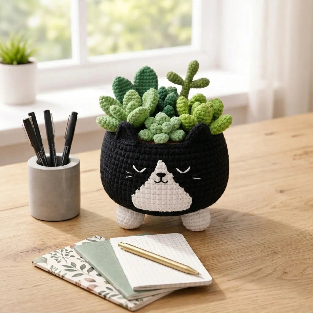 Midnight Sprout Keeper - Crochet Tuxedo Cat Planter