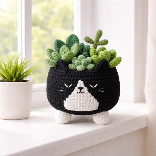 Midnight Sprout Keeper - Crochet Tuxedo Cat Planter