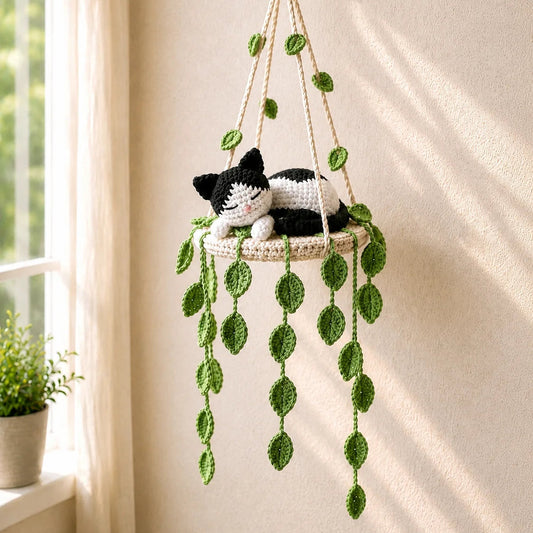 Moonmask Leaf Dreamer - Handmade Crochet Tuxedo Cat Hanging Decor