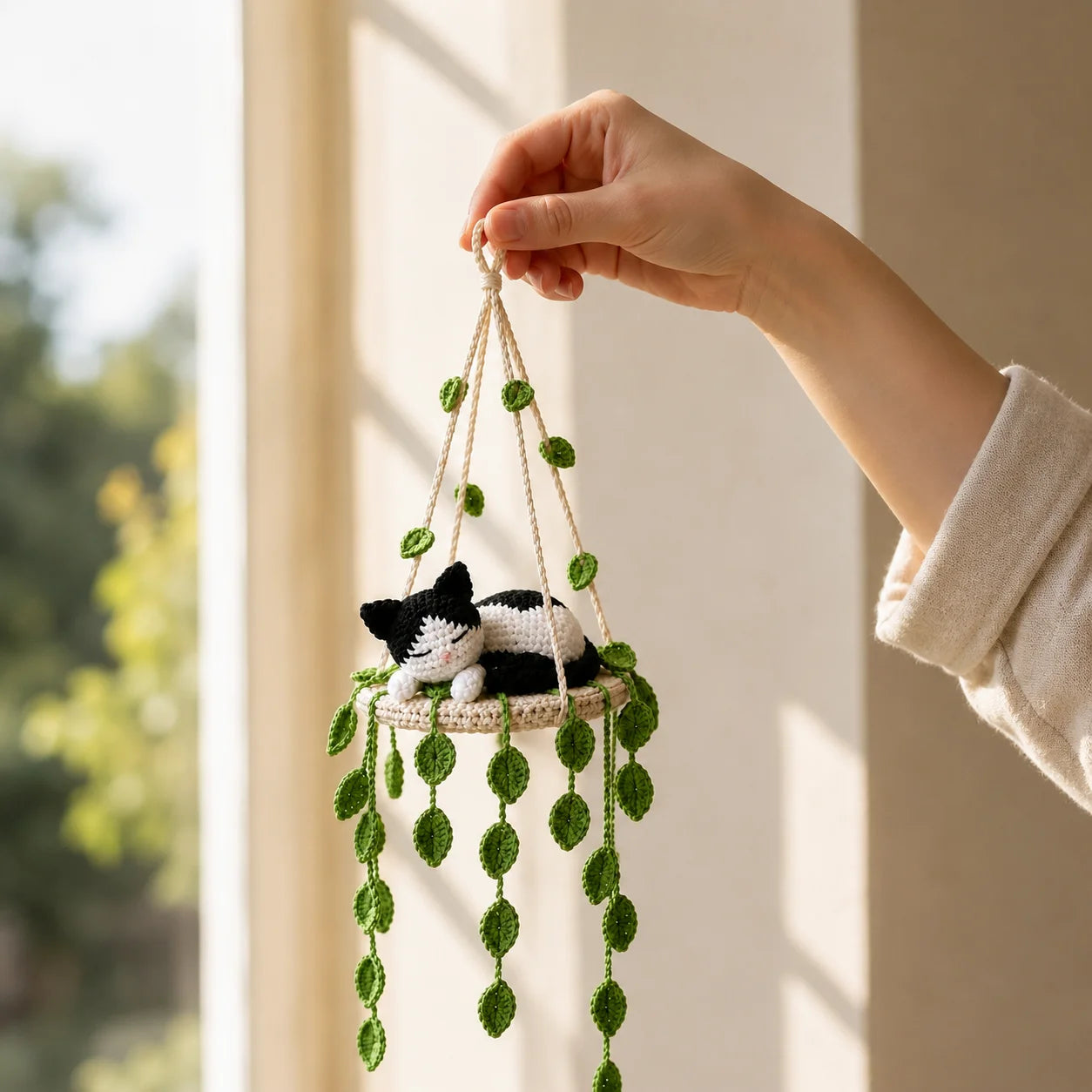 Moonmask Leaf Dreamer - Handmade Crochet Tuxedo Cat Hanging Decor