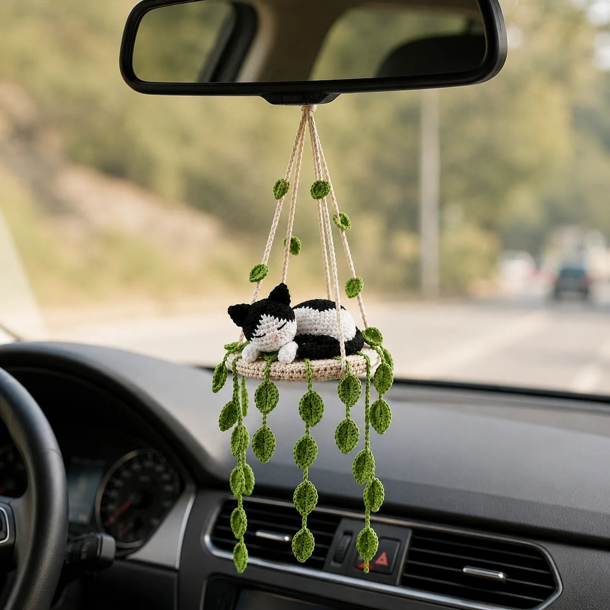 Moonmask Leaf Dreamer - Handmade Crochet Tuxedo Cat Hanging Decor