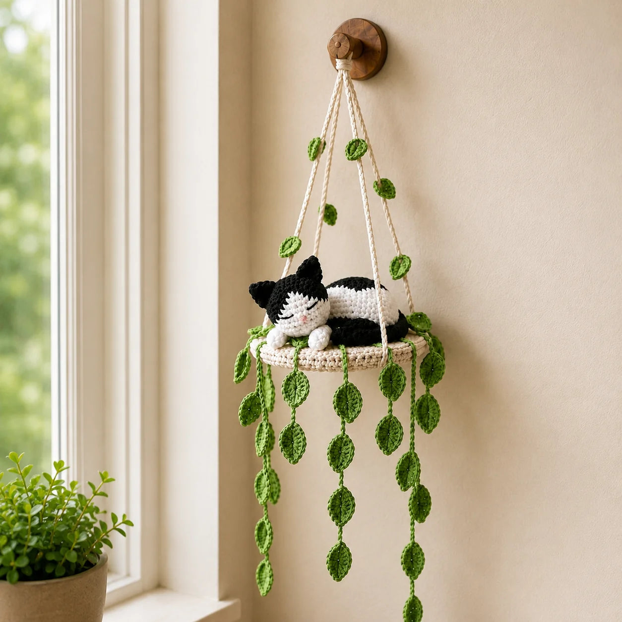 Moonmask Leaf Dreamer - Handmade Crochet Tuxedo Cat Hanging Decor