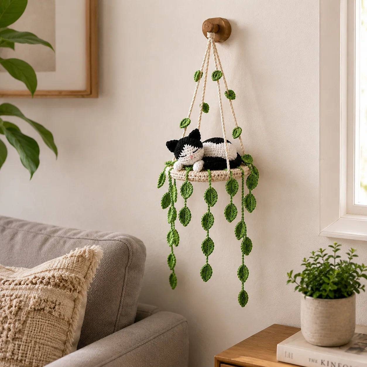 Moonmask Leaf Dreamer - Handmade Crochet Tuxedo Cat Hanging Decor