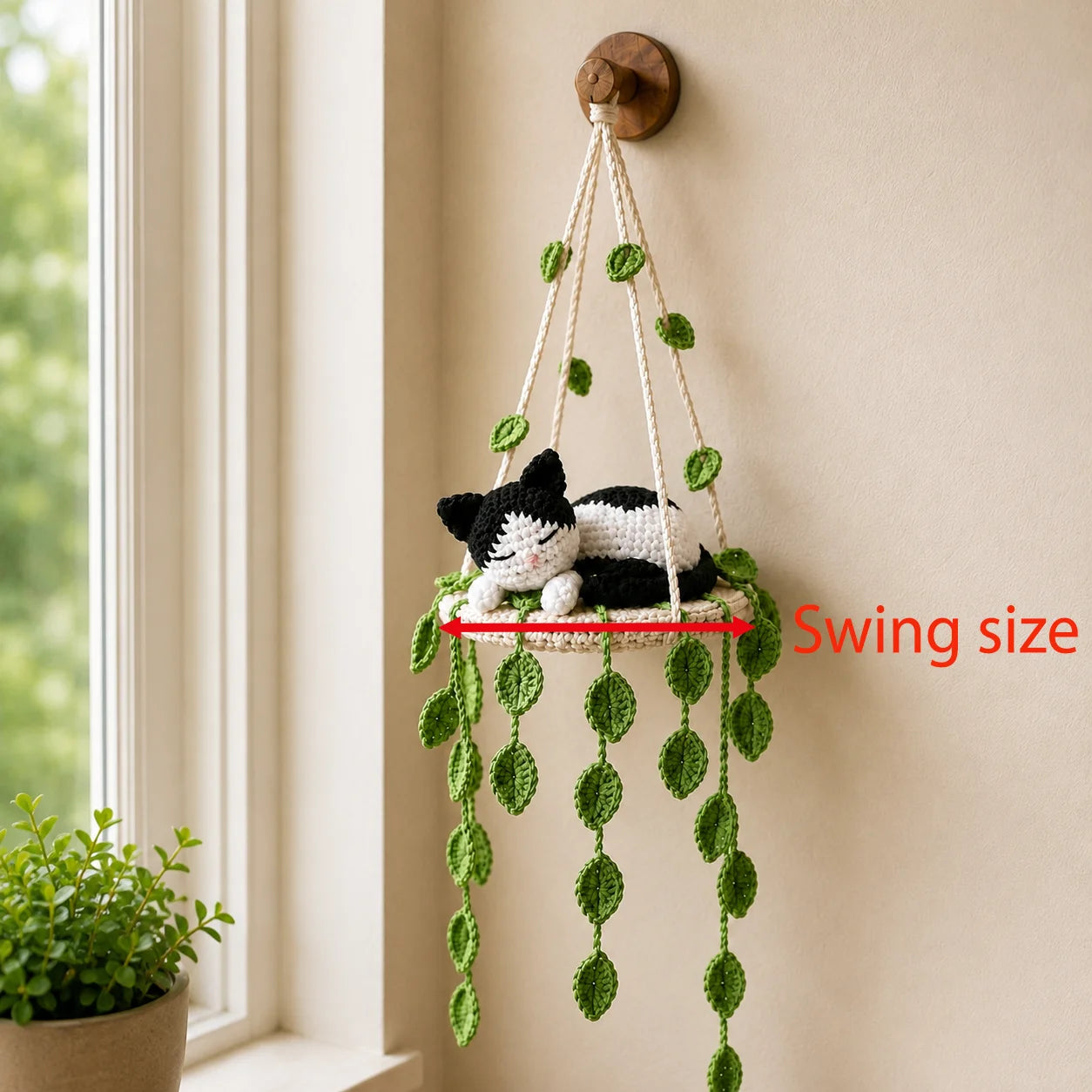Moonmask Leaf Dreamer - Handmade Crochet Tuxedo Cat Hanging Decor
