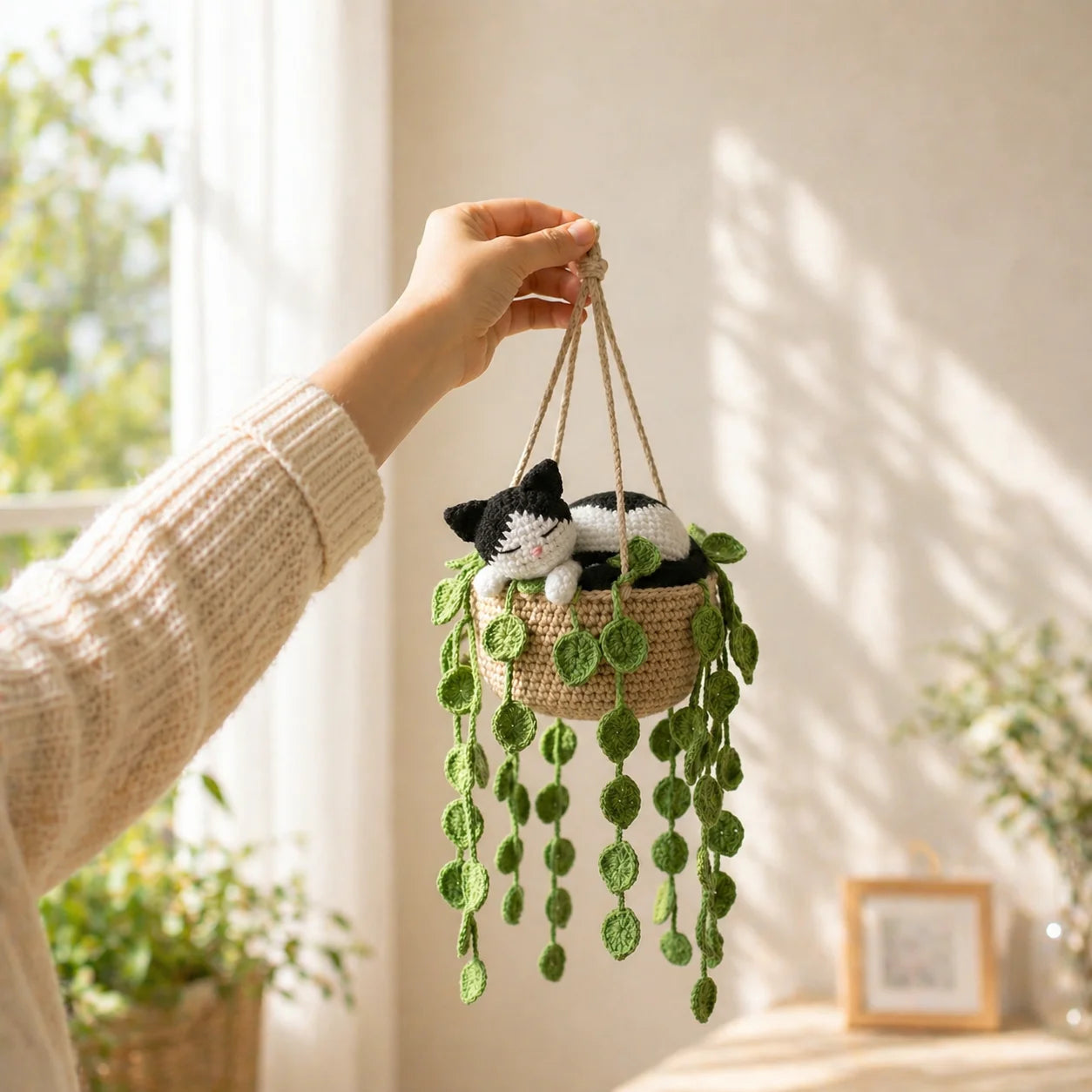 Pocket Tux Dreamer - Handmade Crochet Tuxedo Cat Hanging Basket