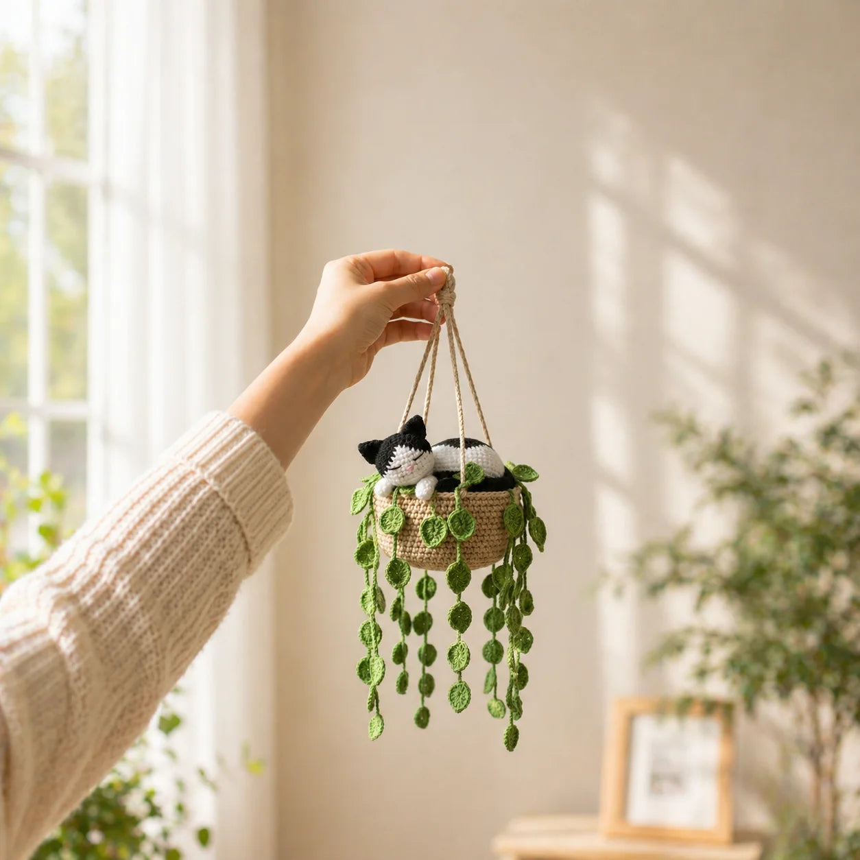 Pocket Tux Dreamer - Handmade Crochet Tuxedo Cat Hanging Basket