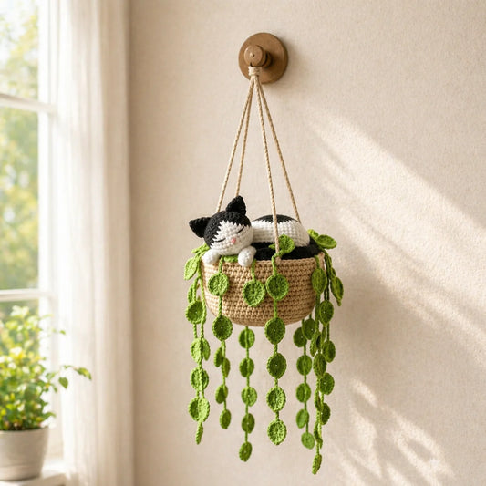 Pocket Tux Dreamer - Handmade Crochet Tuxedo Cat Hanging Basket